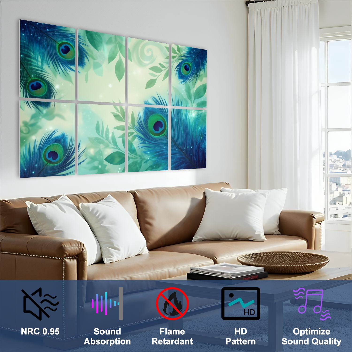 Vintage 8 Pack Art Acoustic Panels Sound Absorbing Elegant Peacock Feather Teal Blue Tones Decorative Soundproof Wall Panels Self Adhesive for Nursery Game Room Bedroom 48"x32"