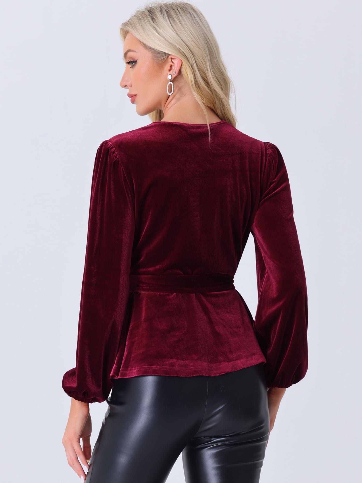 DARING DIVA Tie Waist Long Sleeve V Neck Blouse S Burgundy