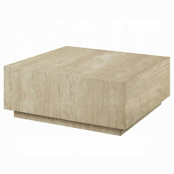Lory Coffee Table-35 Inch Square Travertine Top-Natural Wood Beige