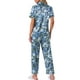 thumbnail image 3 of Conjunto de pijama de satén para mujer INSPIRE CHIC, top de seda de manga corta y pantalones, 2 piezas, pijamas XS, flores azules, 3 of 6