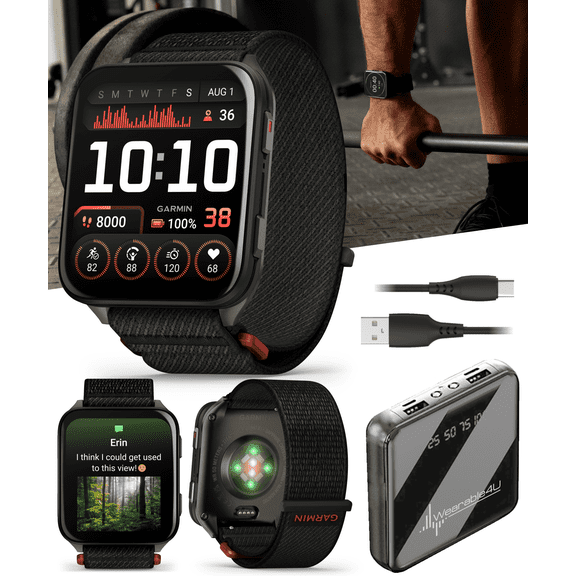 Garmin Venu X1 Thin and Lightweight GPS Smartwatch, AMOLED Display, Black with Slate Titanium Comfort Fit Nylon Band with Wearable4U Power Bank Bundle