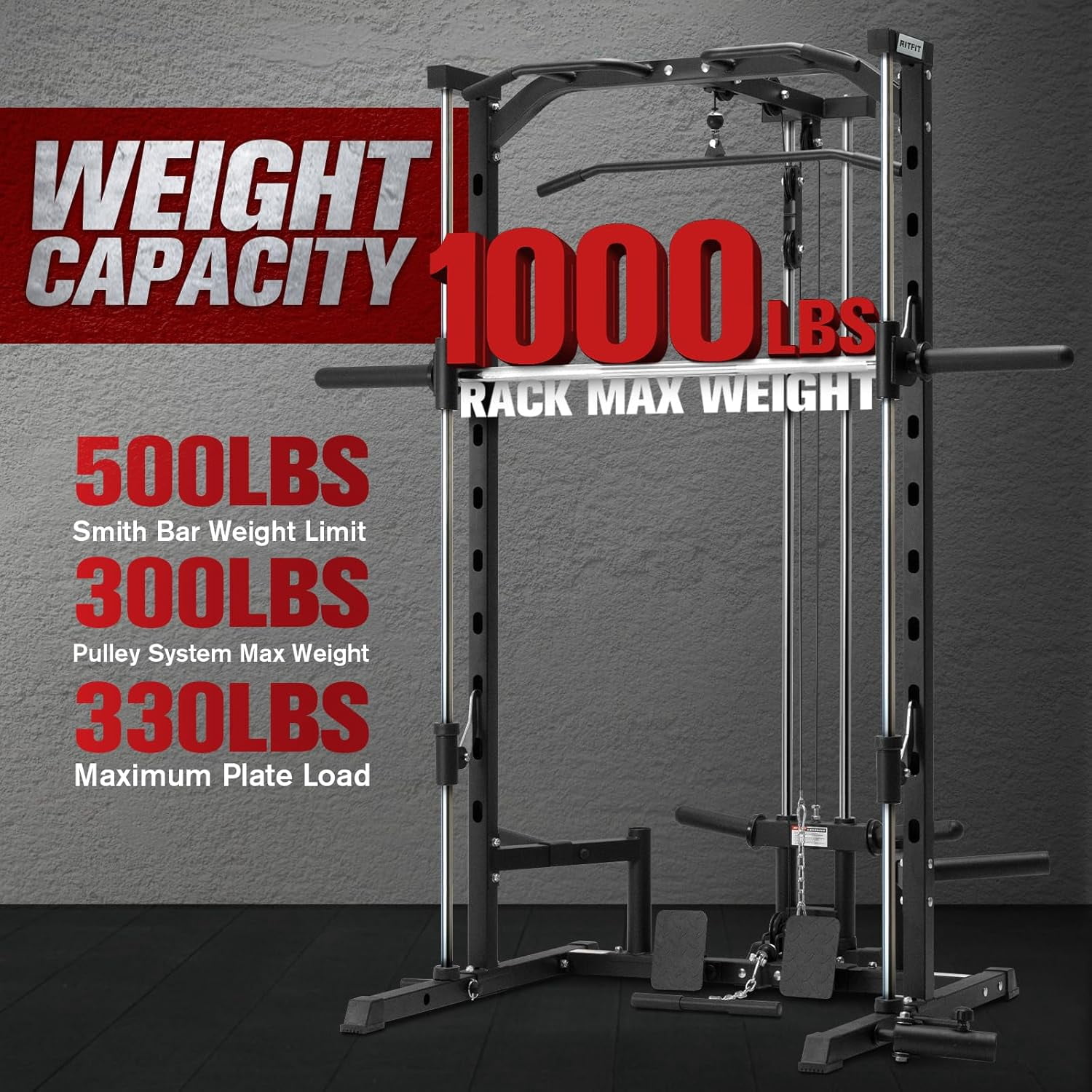 RitFit Smith Machinefor Home Gym, Power Cage Weight Half Rack Weight Lift with LAT-Pull Down System, Landmine (Smith Machine (with Weight Bench and Bumper Plates 230 LBS))