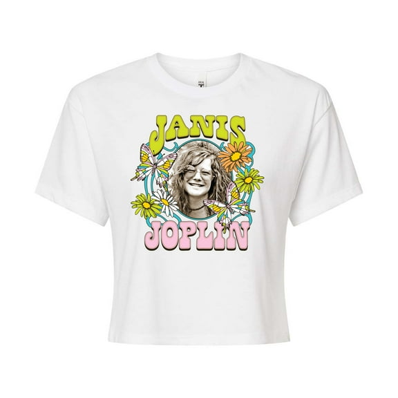 Janis Joplin - Butterfly And Flowers - Juniors Cropped Cotton Blend T-Shirt