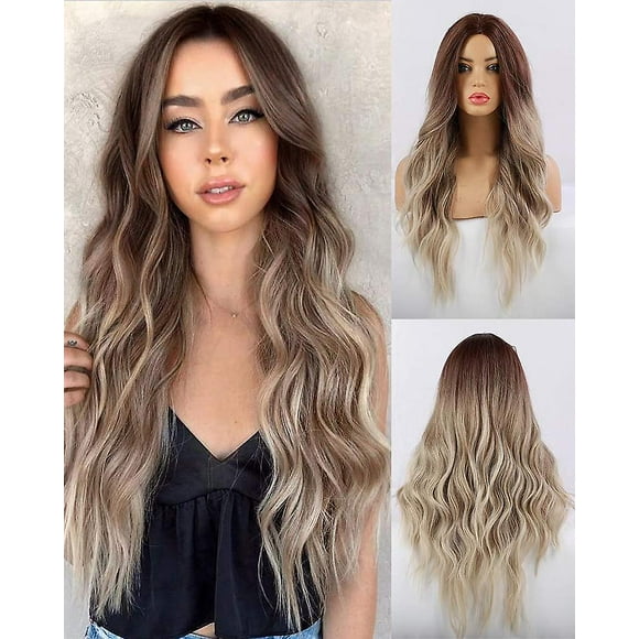 Ombre Blonde Wigs For Women Long Wavy Wig Middle Part Natural Hair Wavy Wigs Synthetic Heat Resistant Cosplay Wigs (ombre Ash Blonde)