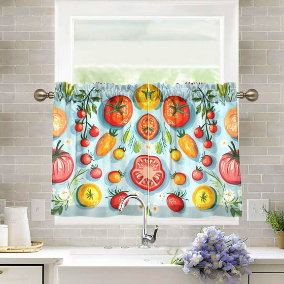 Yayeee Kitchen Curtains Tier Pair Light Filtering 27"x36" Rod Pocket Short Cafe Window Panel, Yellow Tomatoes
