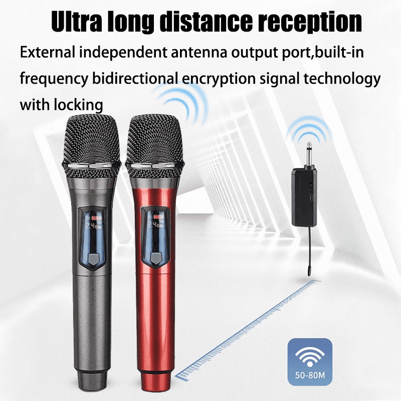 2.4G rechargeable handheld wireless dual microphone, dynamic wireless microphone, suitable for karaoke singing, weddings DJ、 Party, speech, church, classroom use, PA system, 200 feet, gray and red