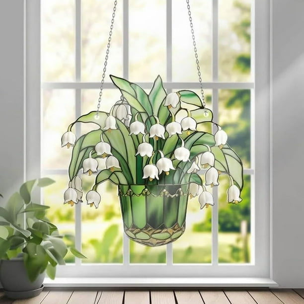 Fiudx Vitral Lilyss Of The Valley, Elegante Decoración Acrílica para Colgar En La Ventana, Hermoso Diseño de Atrapasol, Arte de Pared para Sala de Estar, Decoración Versátil para El Hogar, Fácil Inst