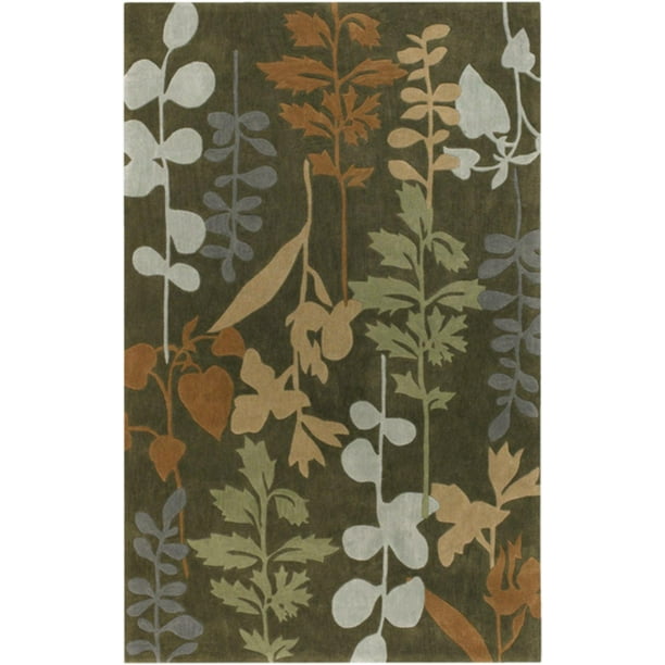 2' x 3' Botanical Olive Green and Rust Hand Tufted Polyester Area Throw
