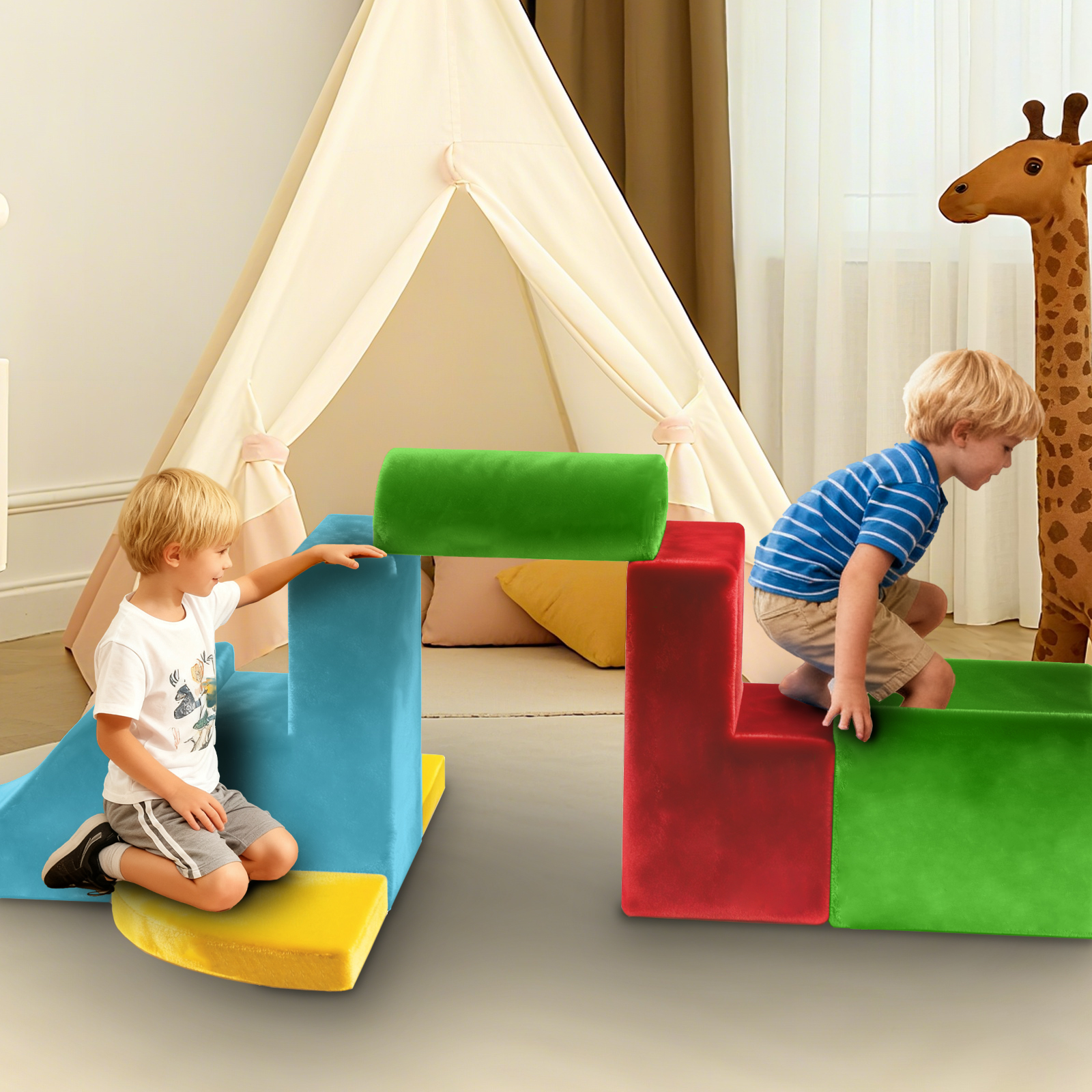 G TALECO GEAR Climbing Toys for Toddlers, 7 Pieces Indoor Baby Foam Blocks Soft Play Set with PU Leather, Kids Climb and Crawl Sliding Activity Structure Gym Playground Climber