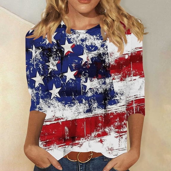 Vetsdori Red White and Blue T Shirts for Women Casual Plus Size 3/4 Sleeve Pullover American Flag,July 4th Summer Independence Day Fashion Ladies Tops Crew Neck