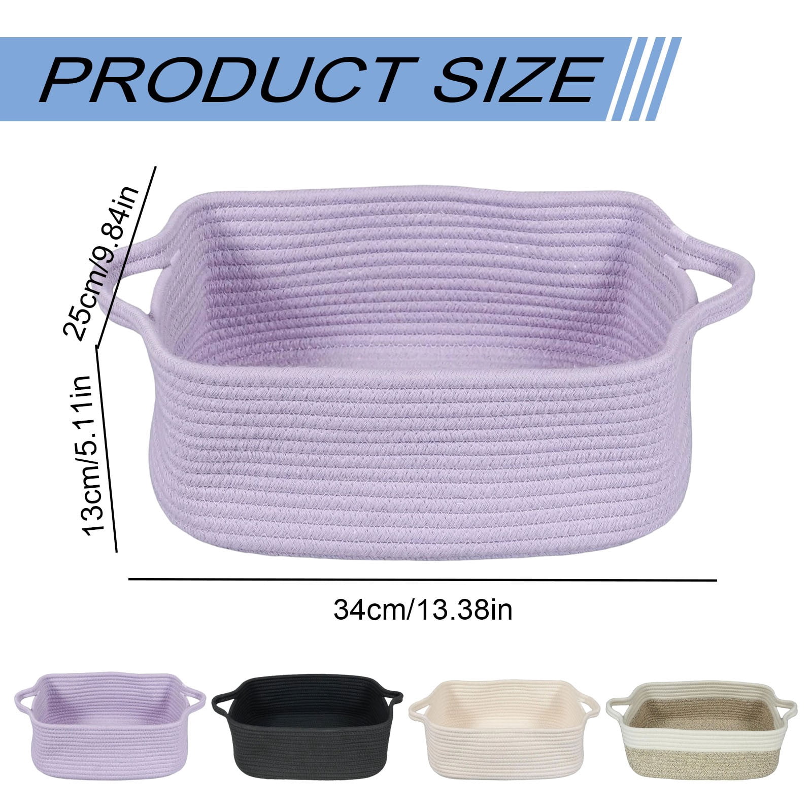 RUIKI 1Pc white rope basket, black storage bin, rectangular storage basket with handles, for toy, gift, storage