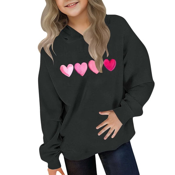 ATOGUTA Valentines Day Sweatshirts for Girls Hooded Heart Sweatshirt Fall Winter Kid Long Sleeve Shirt Pullover Top Size 3T-14, Black