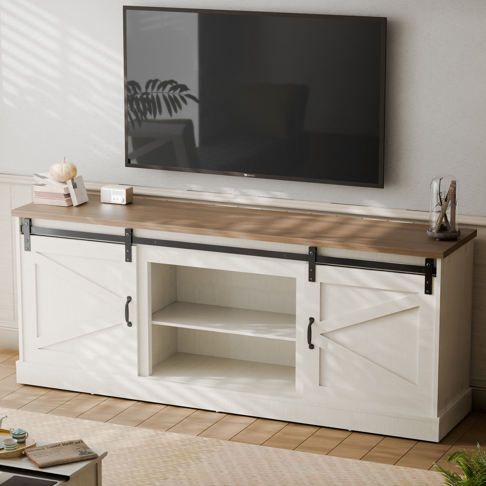 ALAULM Farmhouse 75" TV Stand, Entertainment Center with Sliding Barn Doors and Storage Cabinets, Suitable for Living Rooms, White
