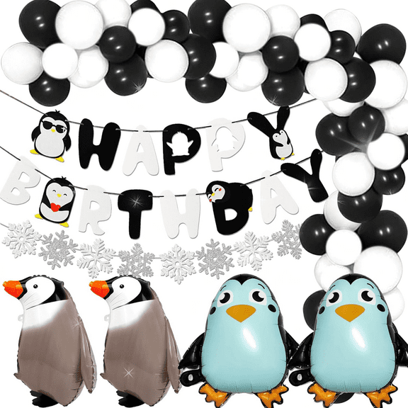 Ice and Snow Penguin Children's Birthday Decor Set - 26-piece Party Decoration Combo of Penguin and Snowflake Balloons and Banners