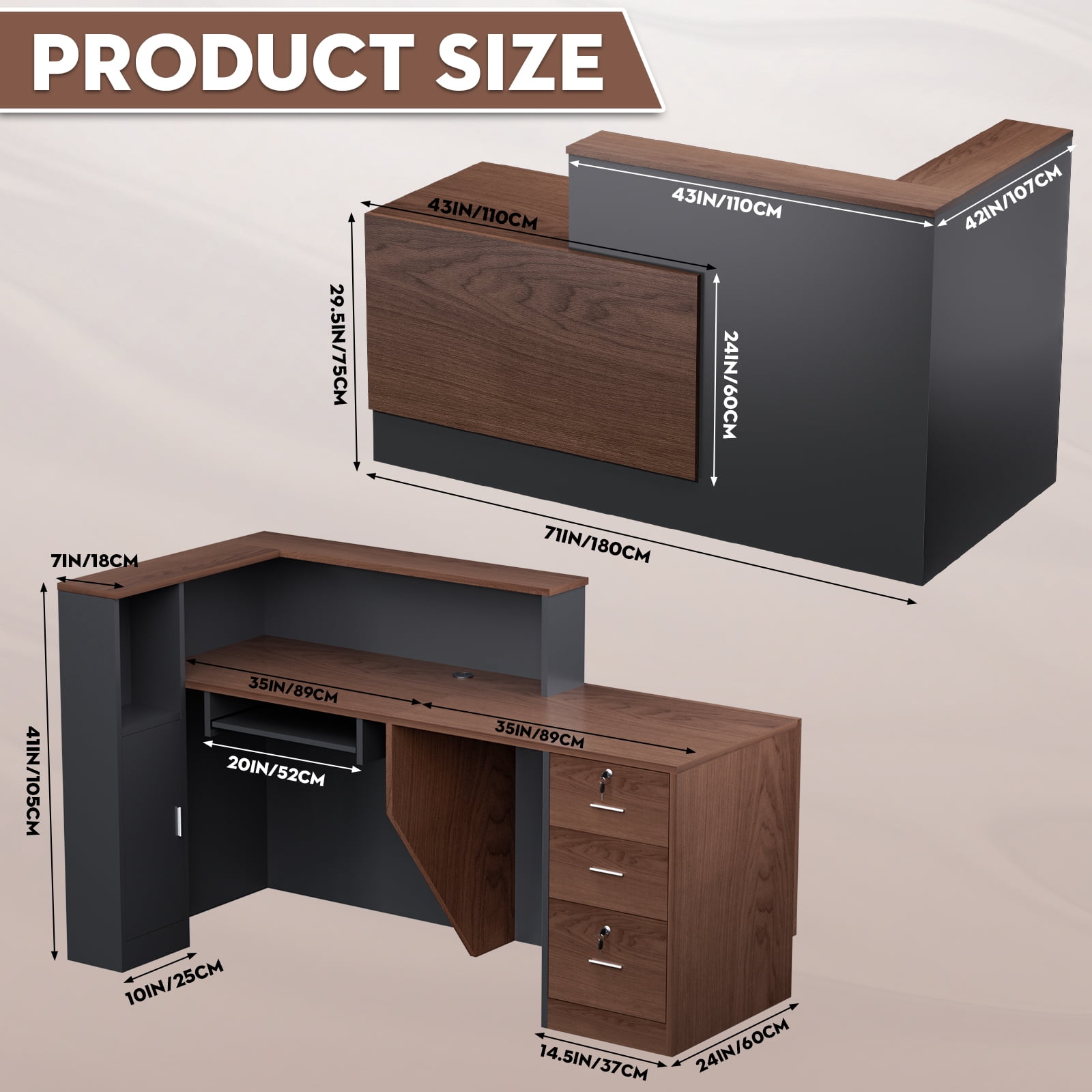 Vakiorn L Shaped Modern Wooden Commercial Reception Desk 71 inch with Counter Shelves Storage Drawers for Office Home Brown Black Left