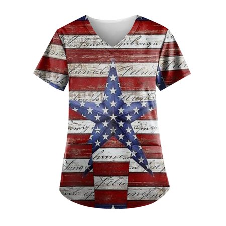 Sksloeg Scrub Tops for Women American Star Stripes Pattern Patriotic Tops Nursing Working Uniform Short Sleeve V-Neck T-Shirts with Pockets Wine L