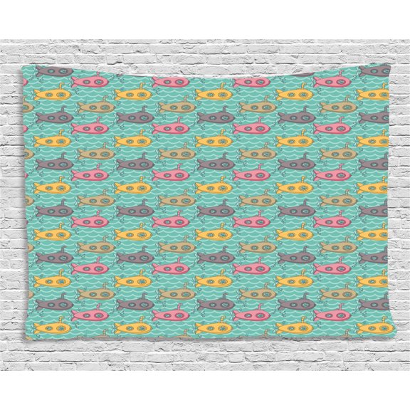Submarine Tapestry, Colorful Cartoon Submarines Under the Sea Nautical Fun Pattern for Kids Nursery, Wall Hanging for Bedroom Living Room Dorm Decor, 80W X 60L Inches, Multicolor, by Ambesonne