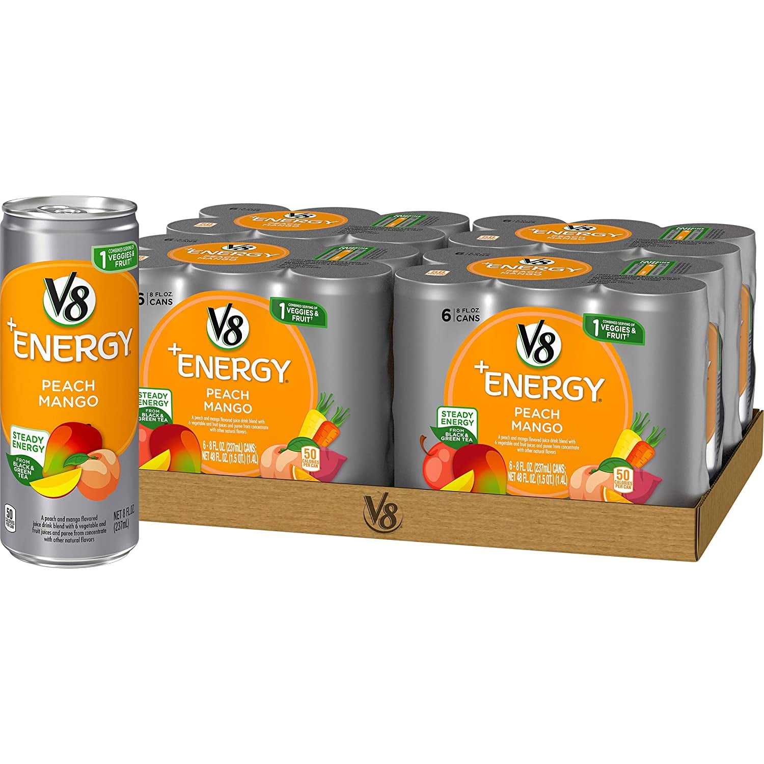V8 +Energy, Healthy Drink, Natural Energy from Tea, Peach Mango, 8