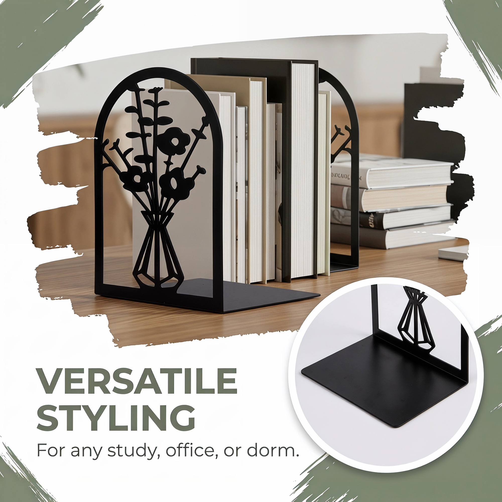 Unique Bargains Floral Metal Flower Design Bookends for Shelves Black Style B 4.7"x3.5"x7"