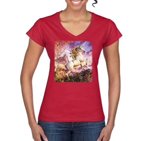 Unicorn Fanstasy Rainbow Castle Women’s Standard V-Neck Tee, Red, Small