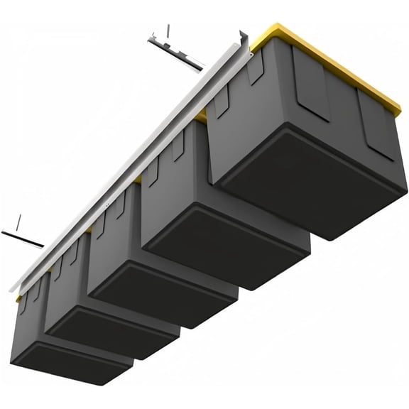 RevoGlow Commerce Tote Slide – Made in USA | Overhead Garage Storage Rack – Ceiling Slide System Holds Up to 5 Tote Bins, Adjustable Rails – 150 lb Weight Capacity – Garage Ceiling Organizer