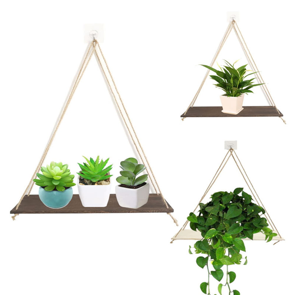 ierkag Multi-Function Wooden Storage Board Flower Pot Rack Wall Shelf Home Decor with Hanging Rope Fire Pit & Outdoor Fireplace Parts 