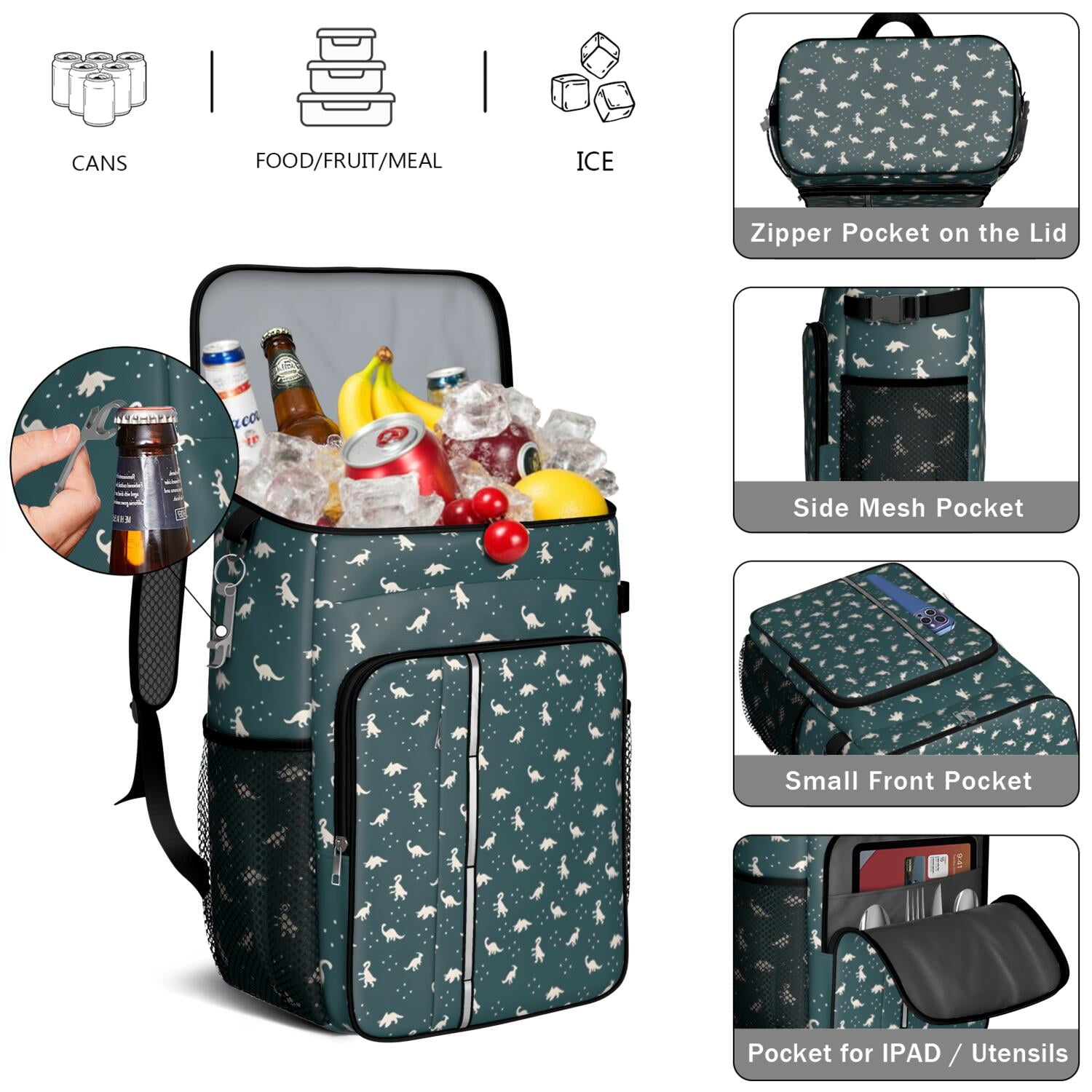 Travel Cooler Bag - DarkGreen Dinosaurs Pattern Camping Beer Cooler Backpack with Bottle Opener- Waterproof Insulated Picnic Backpacks - Cooler Bag for Beach