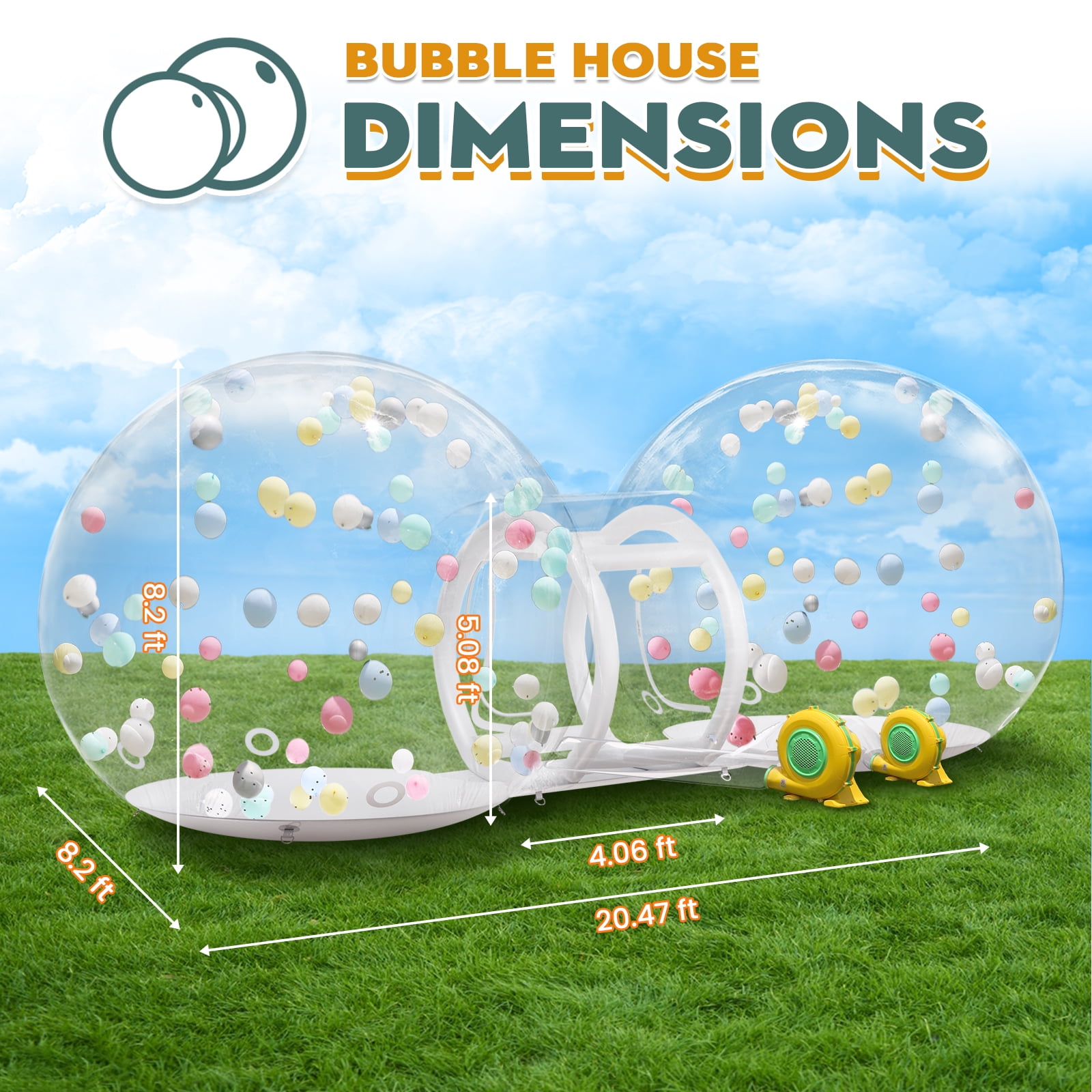 Vakiorn Double Inflatable Bubble House Dual Dome with 750W and 550W Air Blowers and Pump for Birthday Wedding Christmas Party