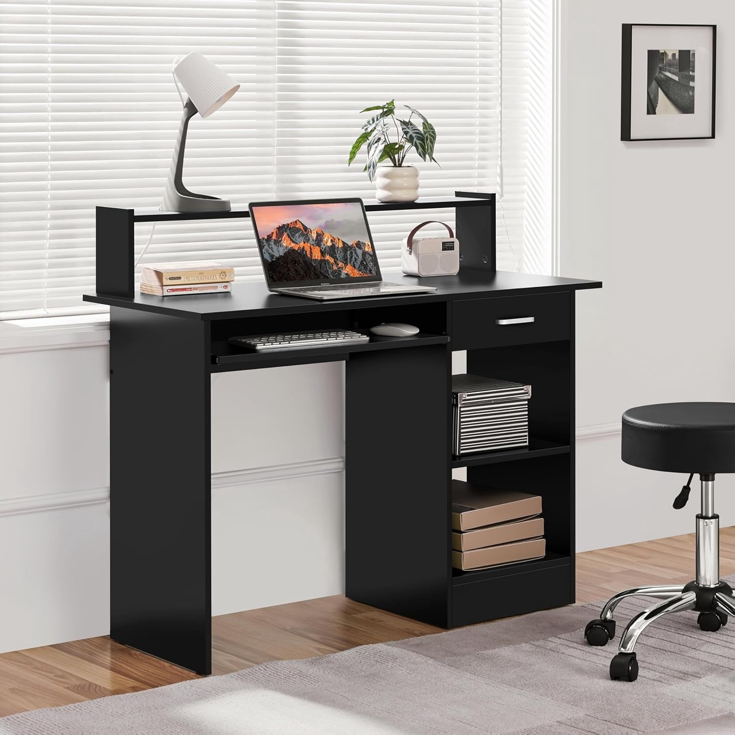 Home Office Wood Computer Desk with Drawers and Pull-Out Keyboard Tray, Study Writing Desk PC Laptop Table with Hutch and Storage Shelves, Modern Workstation, Black