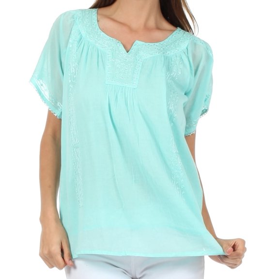 Sakkas Embroidered 100% Cotton Semi-Sheer Short Sleeve Gauzy Top / Blouse - Mint - 1XL