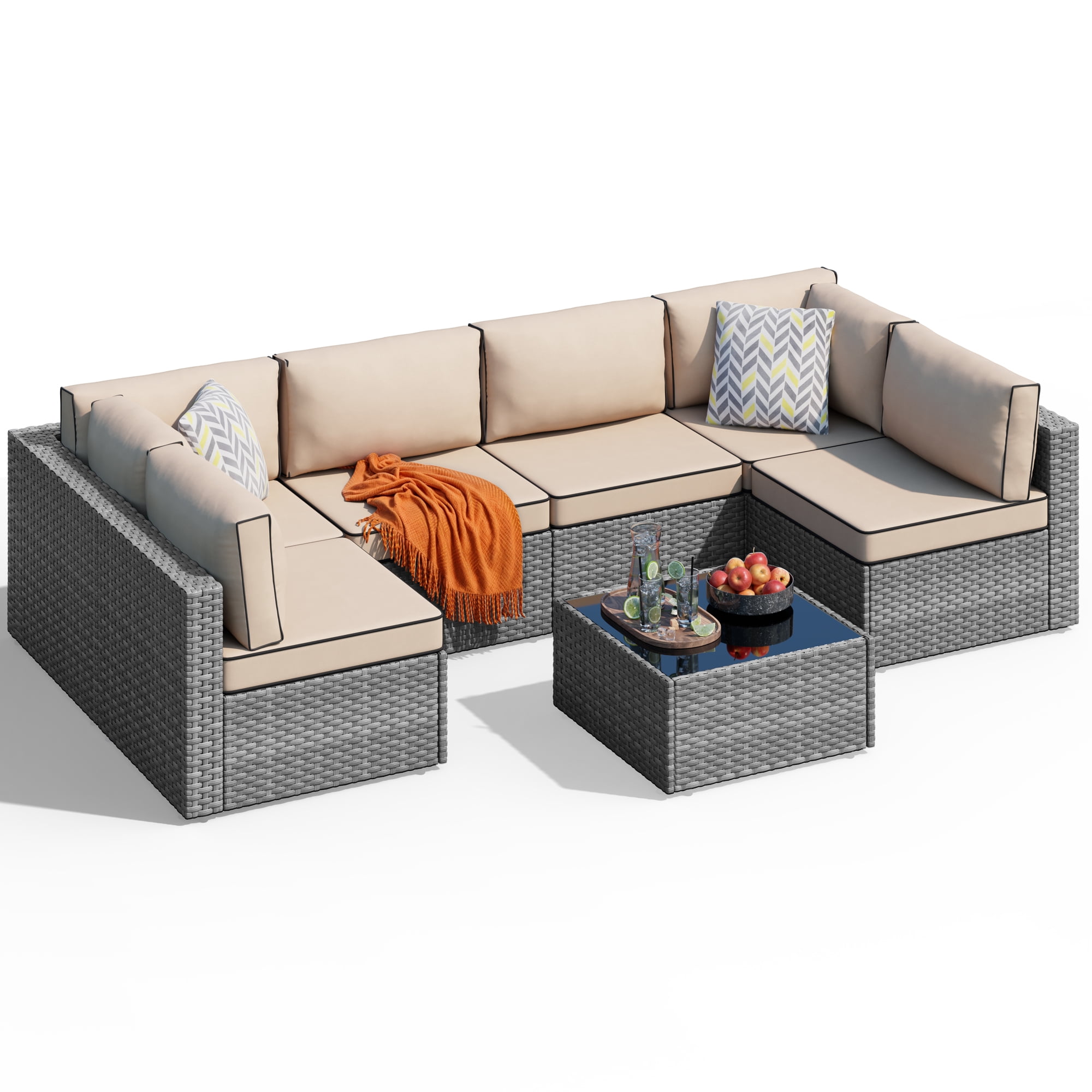 Walsunny 7 Pieces Patio Conversation Set, All-Weather Silver Rattan Wicker Patio Furniture Sets with 6 Chairs and 1 Coffee Table, Washable Couch Cushions,Khaki