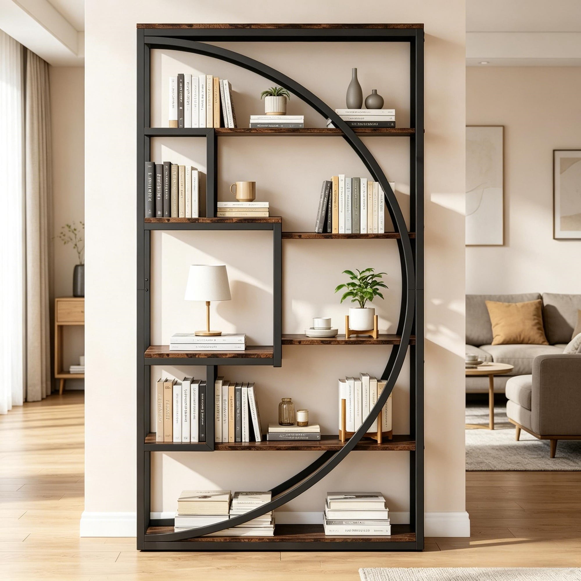 Bookshelf, 5-Tier Geometric Bookcase with 8 Open Shelves, Particle Board and Metal Frame, 48.03 in x 14.17 in x 9.84 in