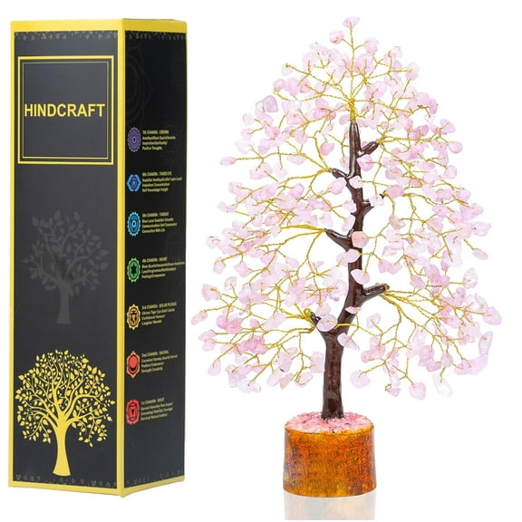 Livinwise Crystal Tree - Showpiece for Home Decor - Feng Shui Seven Chakra Tree - Home Decorations - 7 Chakra Tree - Marriage Gift Items - Antique Home Decor - 10-12 Inch (Rose Quartz (Golden Wire))