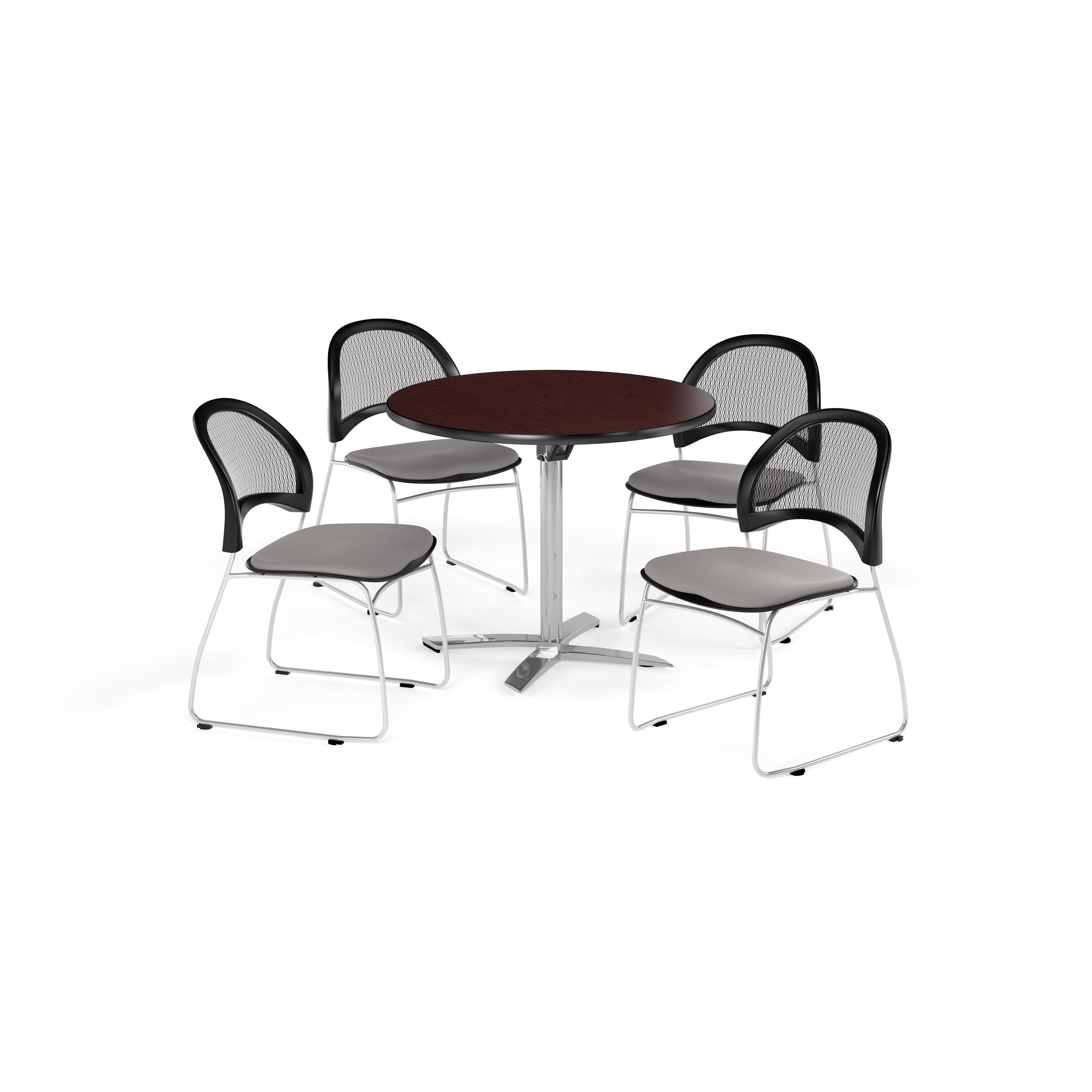 OFM Multi-Use Break Room Package, 42" Round Flip-Top Table with Moon Stack Chairs, Mahogany Finish with Lavender Seats (PKG-BRK-171)
