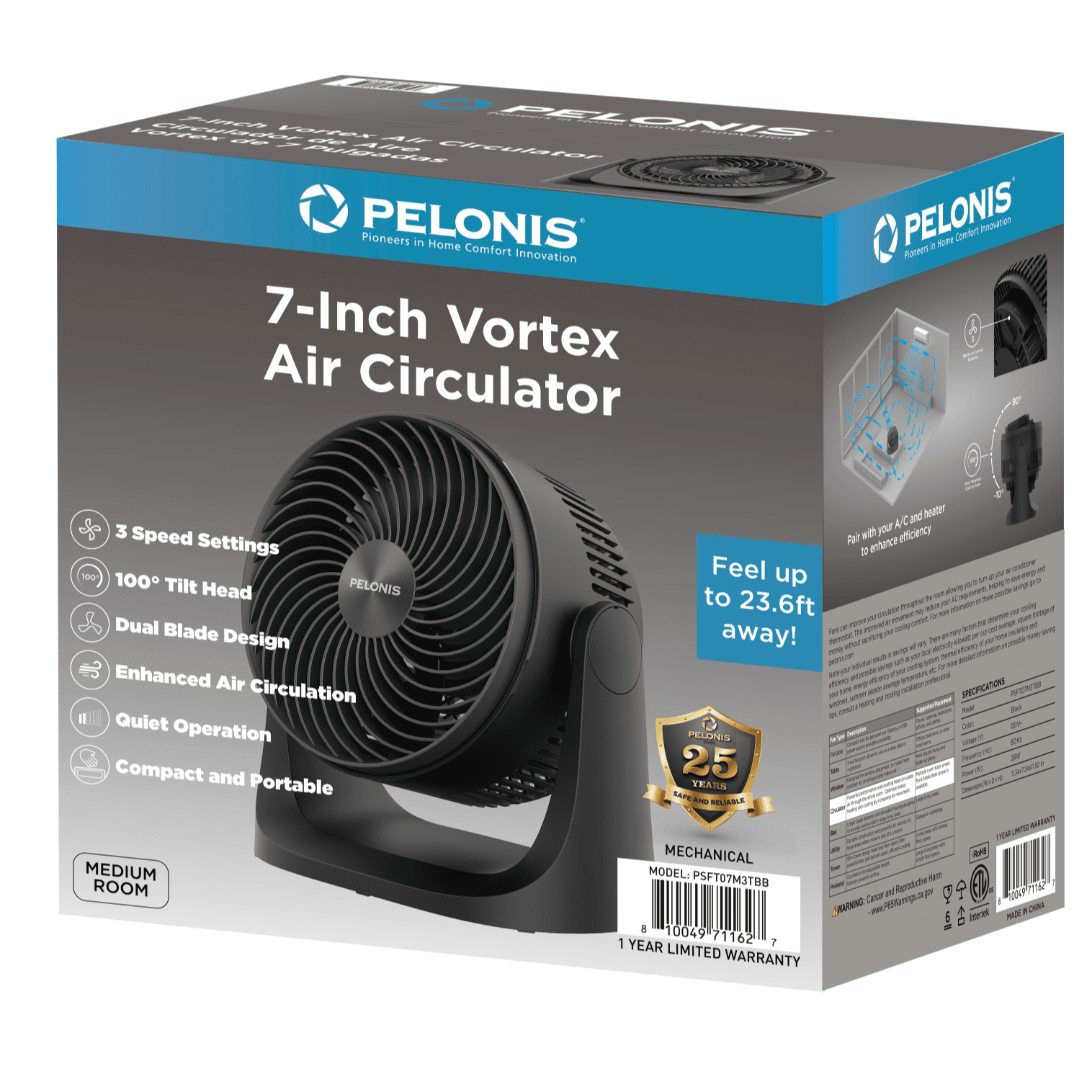 Pelonis 7" Vortex Portable Air Circulator with 100 Tilting Fan Head, PSFT07M3TBB, New, Black