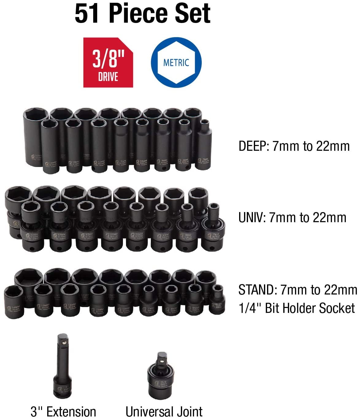 Sunex 3351 3/8" Drive 51 Piece Metric Impact Socket Set
