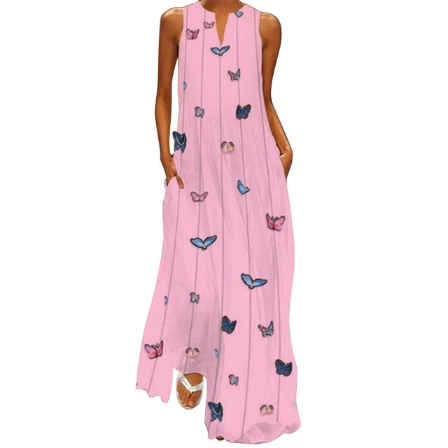 BJYX Robe Femmes Casual en Vrac Sans Manches Papillon Imprimé Longue Robe Vintage V-Cou Poche Été Bohème Robe de Soleil