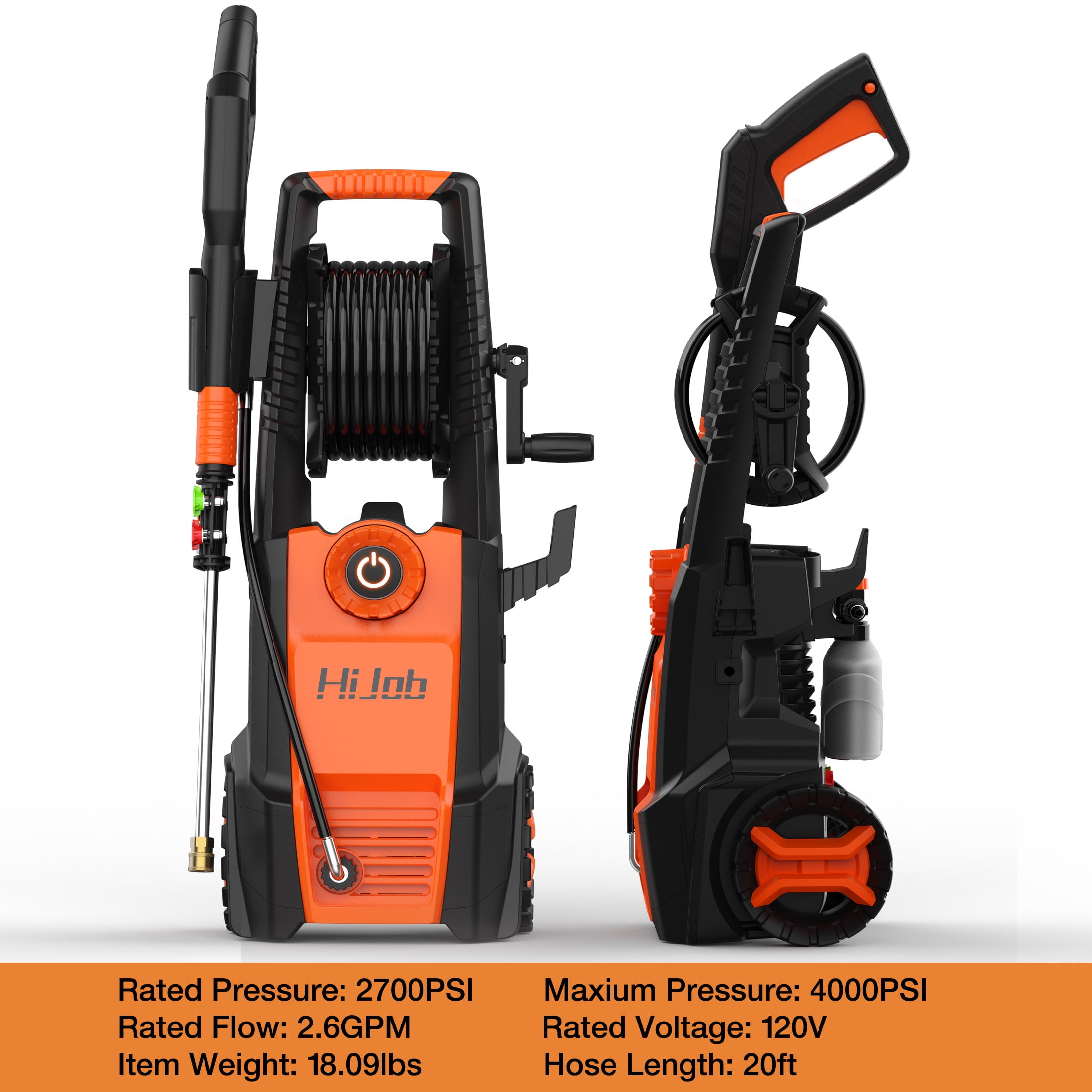 HIJOB Electric 4000 PSI High Power Water Washers Machine  w/ 20 ft Hose, 4 Nozzles, Max. 2.6 GPM for Patios/Cars/Fences/Driveways
