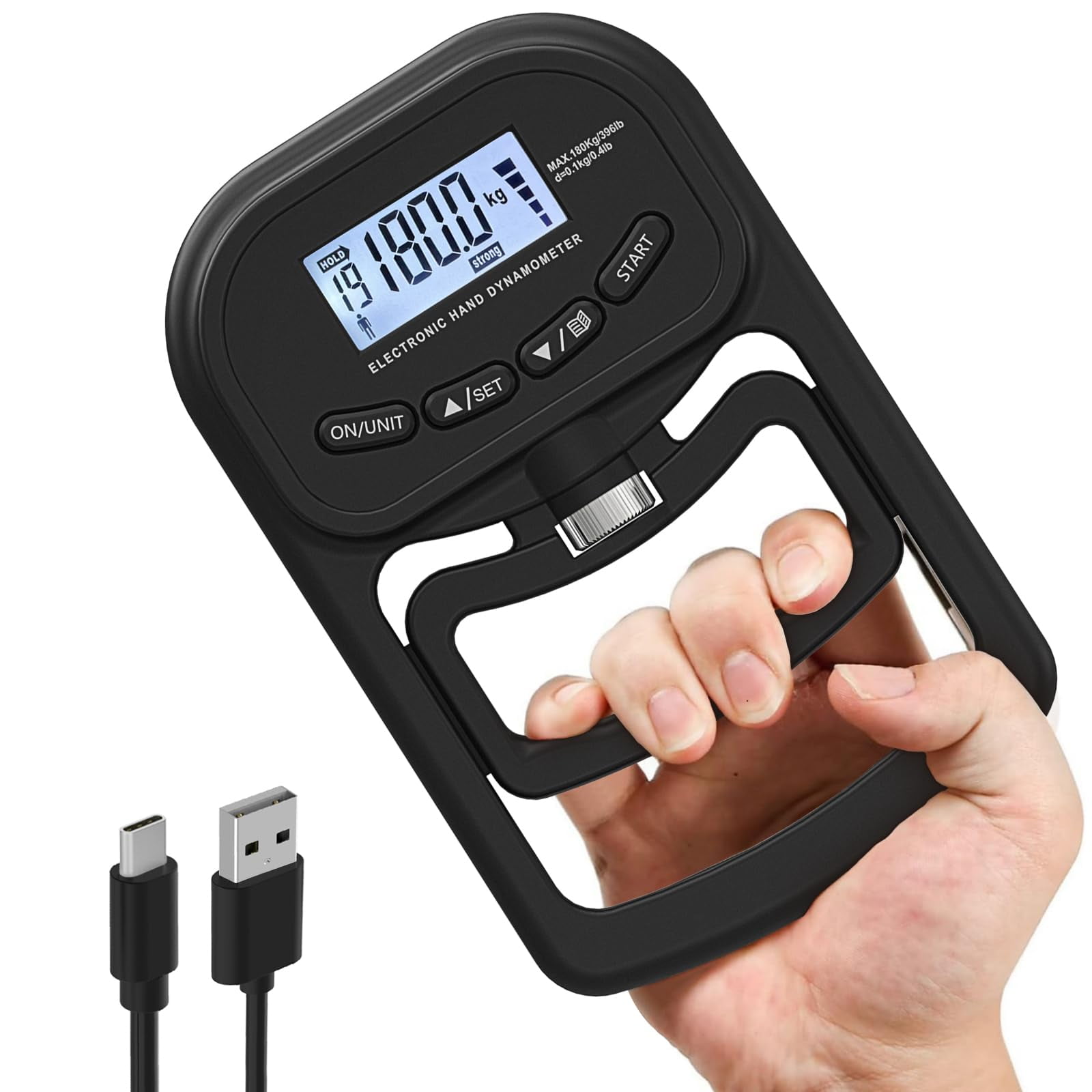 396lbs / 180kg Grip Strength Trainer, Rechargeable Electronic Hand Dynamometer, Digital Grip Strength Tester with LCD Display, （black）