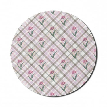 Checkered Mouse Pad for Computers, Diagonal Striped Design Delicate Gentle Flower Feminine, Round Non-Slip Thick Rubber Modern Gaming Mousepad, 8" Round, Mauve Pink Forest Green, by Ambesonne