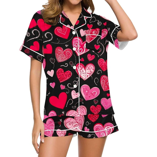 Conjunto de Verano para las Mujeres Día de San Valentín Amor Impreso Cuello de Manga Corta con Pantalones Cortos, Poliéster Ligero para el Uso Informal