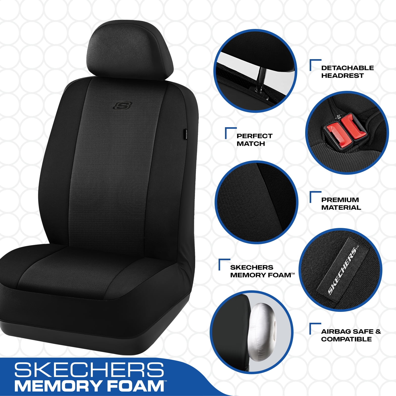 Skechers Memory Foam Fabric Car Seat Cover, Breathable, Comfortable Support, Easy Install, Stylish Design, Universal Fit for Cars and SUVs Black