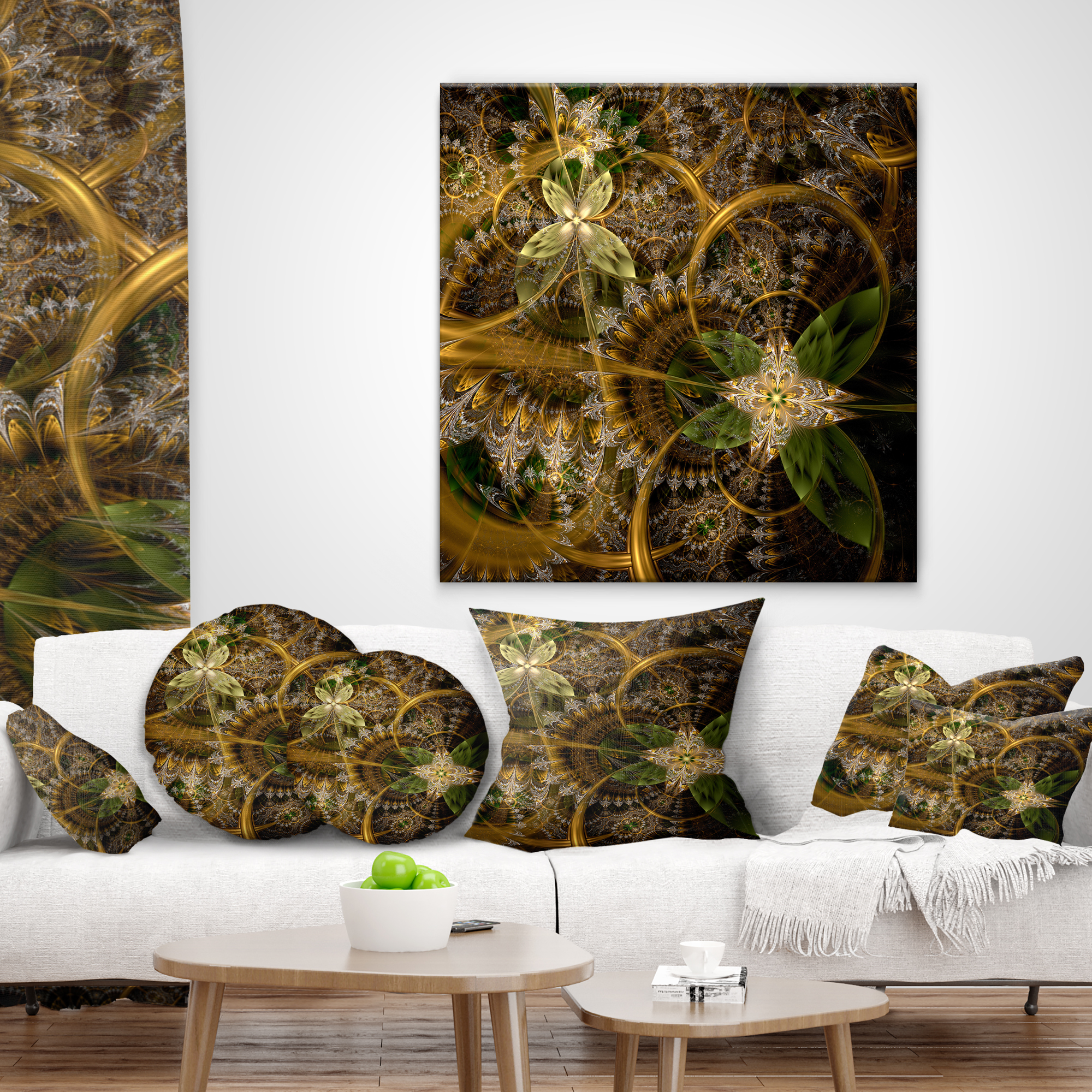 Designart Green Gold Digital Art Fractal Flower - Floral Throw Pillow - 12x20