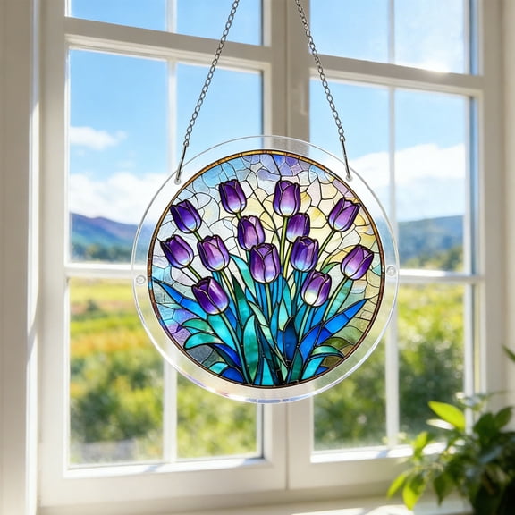 FAMTKT Spring Colorful Floral Stained Glass Suncatchers, 7.4" Fade Resistant Sun Catchers Indoor Window, Round Glass Sun Catcher Wall Decor Gift
