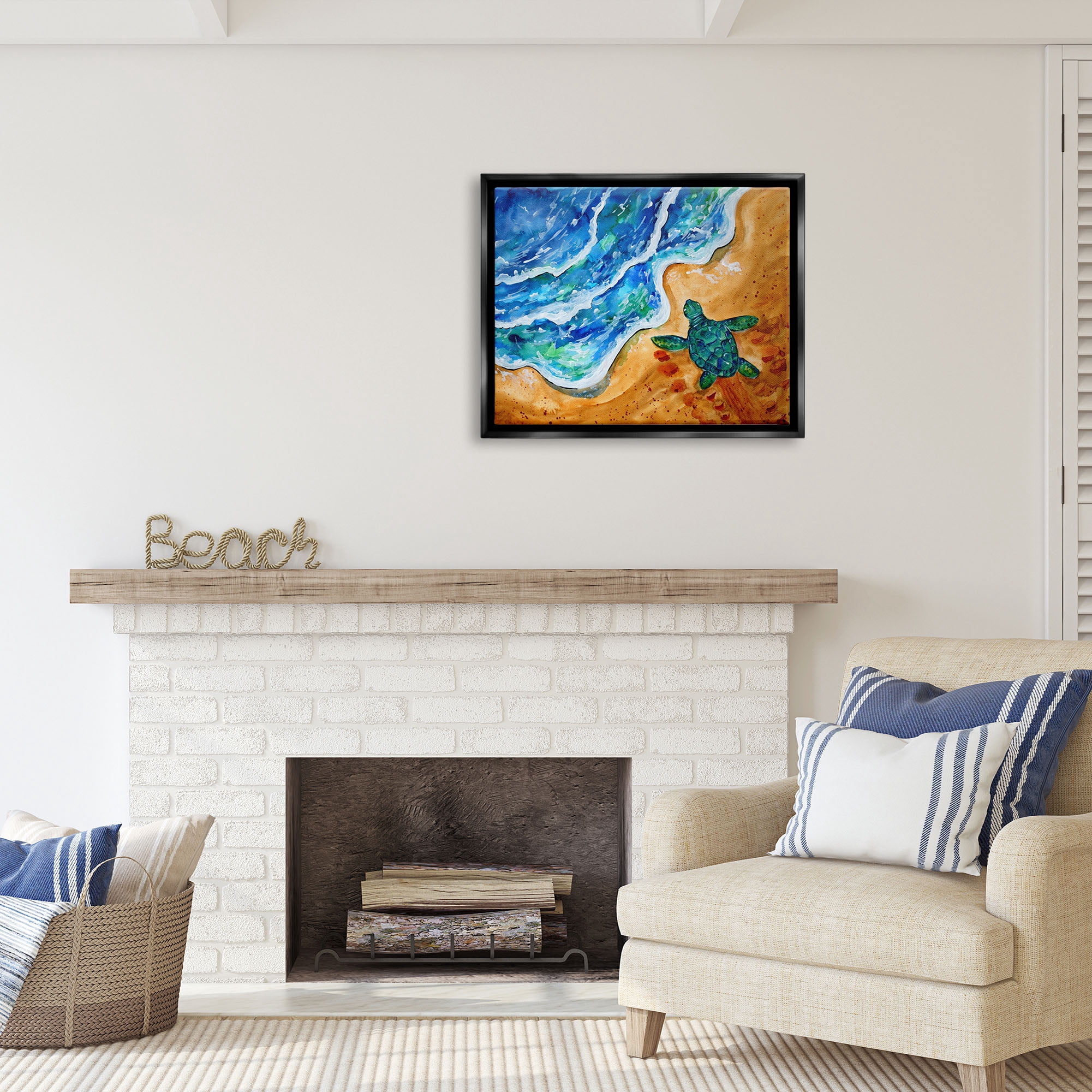 Stupell Industries Abstract Turtle on Shore Animals & Insects Painting Black Floater Framed Art Print Wall Art, 31 x 25