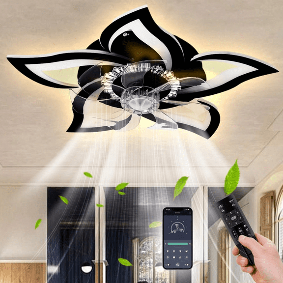 27-Inch Black Low-Profile Ceiling Fan with Light, 60W DC Motor, Remote