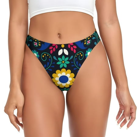 Qokaie Colorful Mexican Flower Printed Women s Cotton Thong Underwear  Sexy Breathable Panties G-string-Large