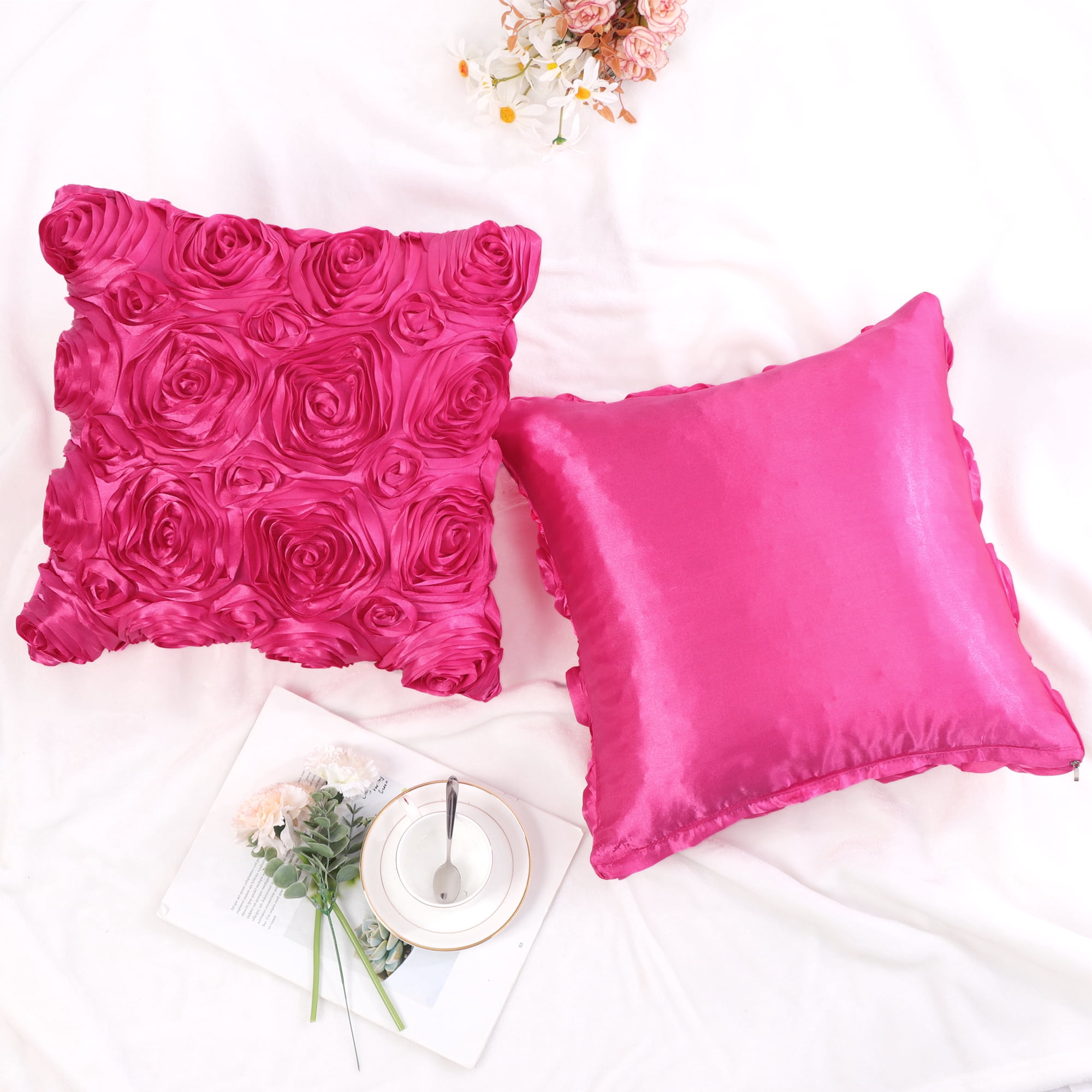 PiccoCasa Decorative Throw Pillow Covers 3D Satin Rose Flower Shells Cushion Covers, 2Pcs, 16"x16" Fuchsia