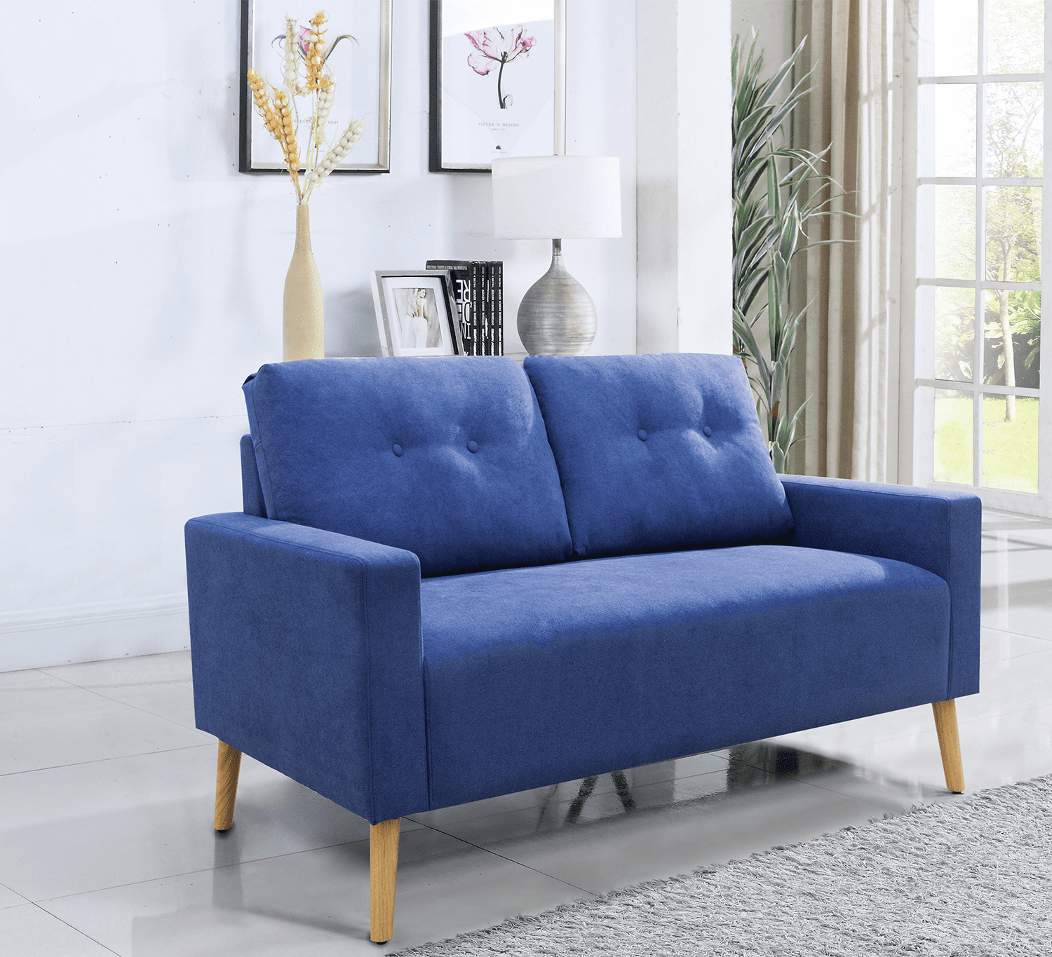 Lacoo Mid-Century Loveseat Sleeper Button Tufted 2 Seater Sofa, Blue