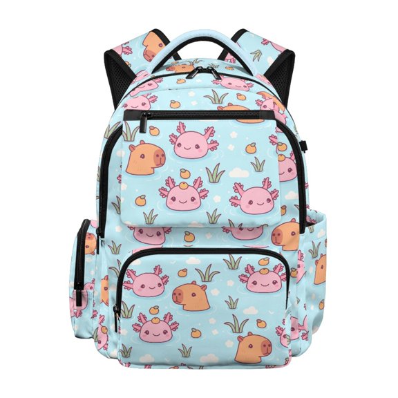 FUIALDOLG Cartoon Capybara & Axolotl Pattern School Bag with Multi-Pockets Breathable Travel Ruckpack, Rugged 17 Inch Kids Backpack for Daily Use Scuola Casual
